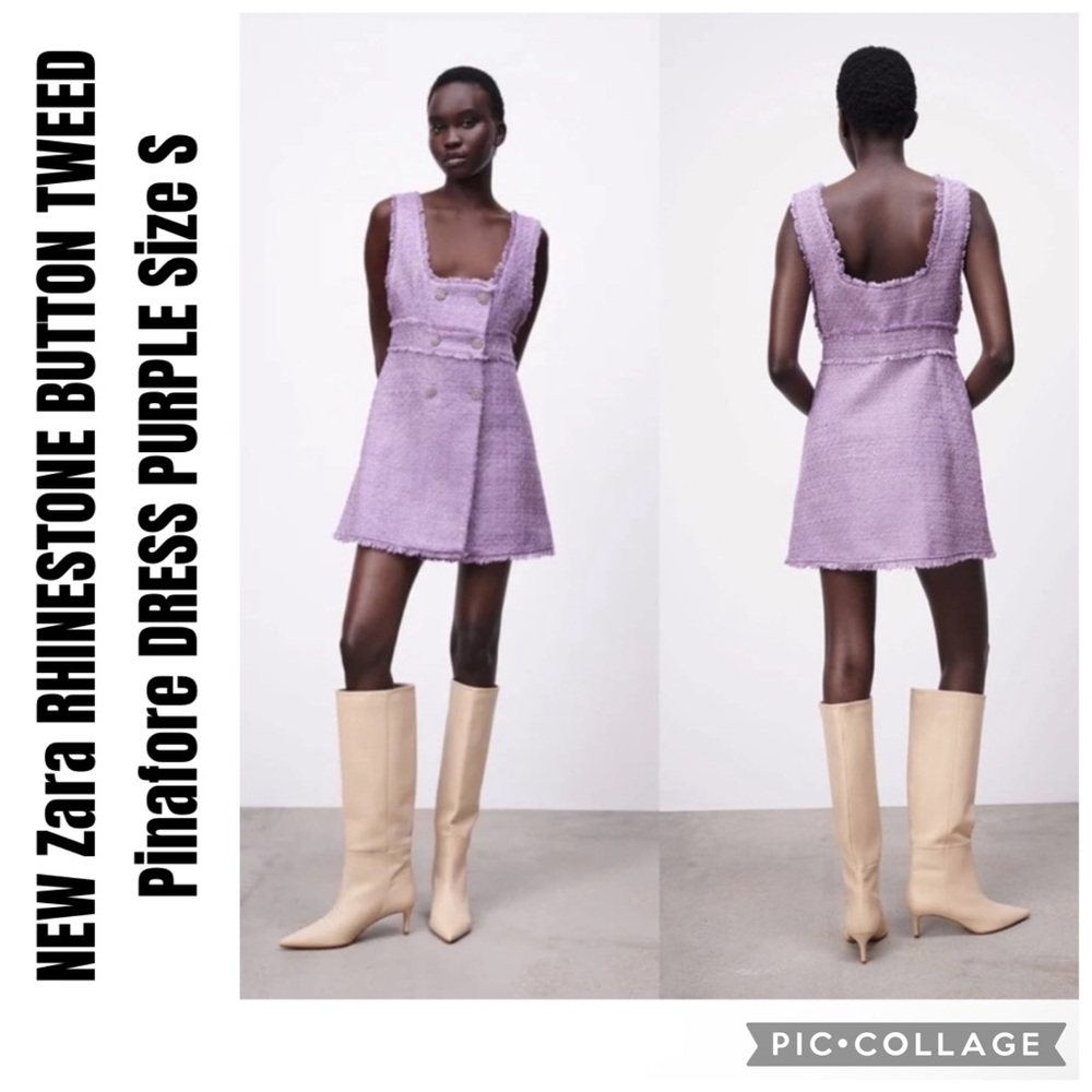 Zara RHINESTONE BUTTON TWEED Pinafore DRESS PURPLE Size S
